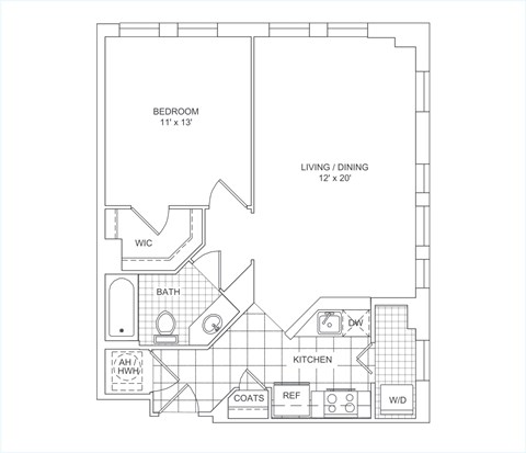 Floor plan for 1 bed, 1 bath, 721 sqft